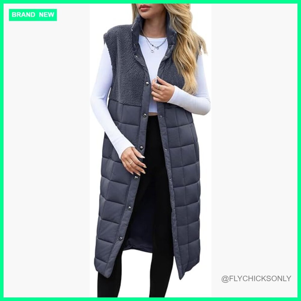 Long Puffer Vest Fleece Jacket Sleeveless Button Down Winter Coat